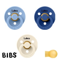 BIBS Colour Sutter med navn str2, 1 Ivory, 1 Cornflower, 1 Sky Blue, Runde latex
